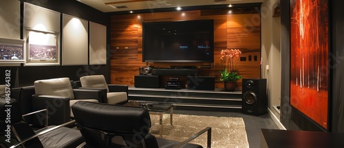 sleek home theater with black accents, blending modern design with ultimate comfort for cinematic enjoyment