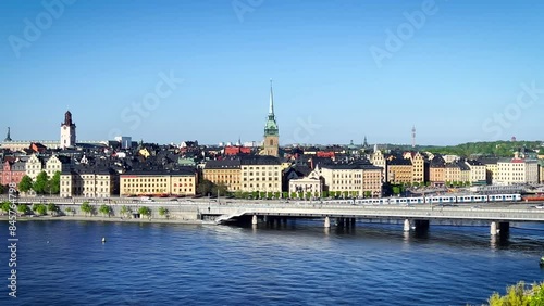 Stockholm, Sweden. Lake Malaren. View to islands with towers and beautiful buildings. Famous landmarks of Sweden. Stockholms Panorama at summer day. Tourism destinations sightseeing. 