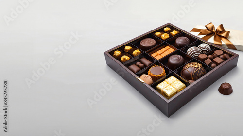 Elegant Background with Open Gift Box of Assorted Chocolates: Pralines, Truffles, Bonbons with Intricate Designs, Glossy Finishes, Luxurious Ribbon, Text Space, Generative AIes) © spotlightstudio