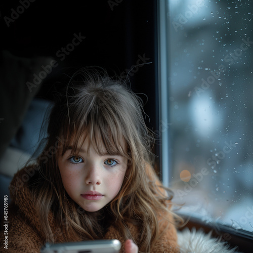 portrait of a young 8s - 9s years old girl holding a smartphone; bad weather; kid wearing sweater; concept of phone addiction; young children using technology; cellphone in kid hands; copy space; fall photo