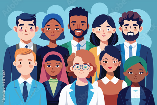A diverse group of professionals, including men and women of different races and religions, stand together in a united front, showcasing the importance of inclusion and diversity in the workplace.