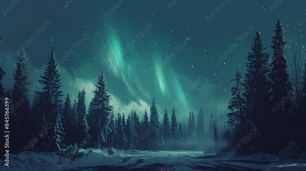 forest, mountains, snowy weather and northern lights
