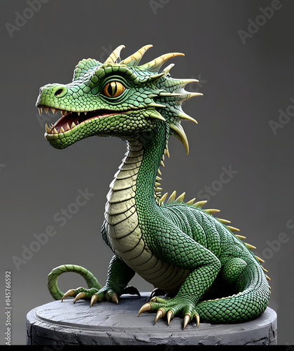 A 3D animated Cute Cartoon Basilisk - HP Chamber of Secrets Character 3D Rendered on Gray Background.