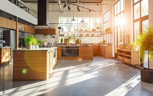 A spacious, industrial-style kitchen showroom bathed in natural light, showcasing modern appliances, wooden cabinetry, and lush greenery, ideal for contemporary home and lifestyle visuals.