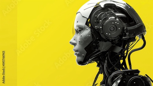 Advanced robotic head with intricate mechanical details on a bright yellow background, symbolizing the future of artificial intelligence and robotics. © Raad