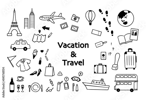 シンプルな旅行イラストセット_線画