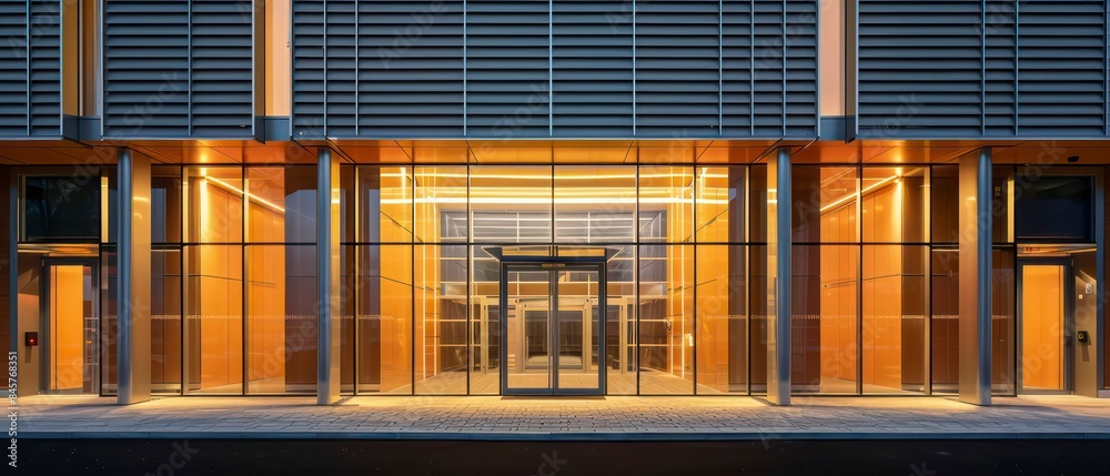 modern architecture expo building with wood and glass, dusk sky, large canopy over the entrance doors modern architecture expo building with wood and glass, dusk sky, large canopy over the entrance doors
