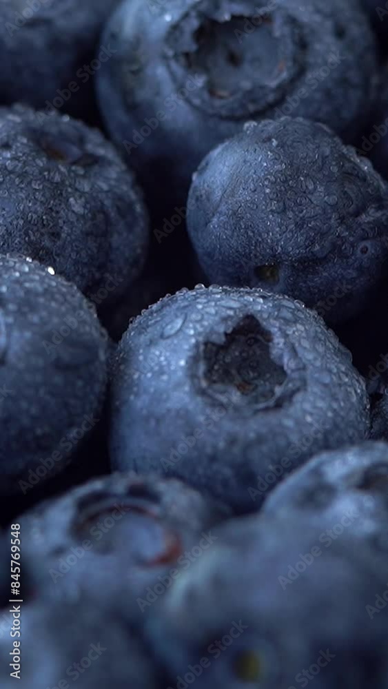 Camera movement of fresh blueberry with water drops rotate in circle. Fruits background. Harvesting. Vertical shot. Close up Camera movement of fresh blueberry with water drops rotate in circle. Fruits background. Harvesting. Vertical shot. Close up