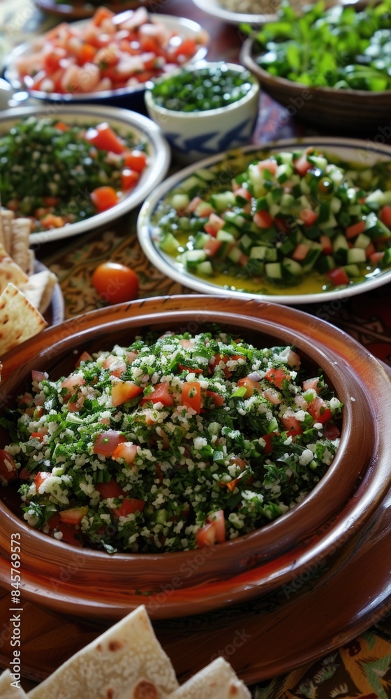 Fototapeta premium Bowl of salad with tomatoes and herbs on the table, arabic traditional meal 