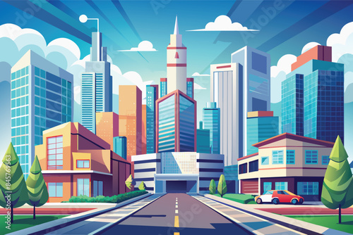 A cartoon illustration of a cityscape featuring tall buildings, a street, and a red car. The sun is shining and there are clouds in the sky.