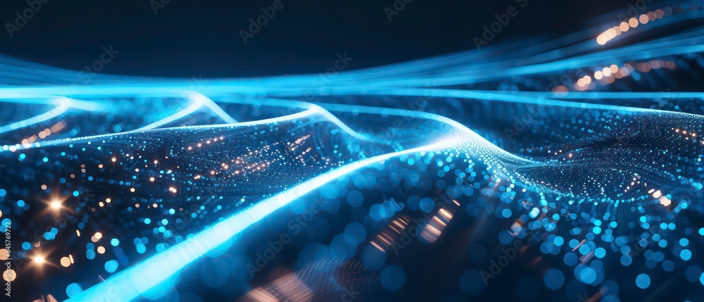 glowing blue and white lines form an abstract representation of a modern, interconnected smart city