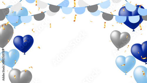 Elements for congratulating dady. Greeting card, poster or banner with balloons and flag, party poppers with confetti. Vector illustration