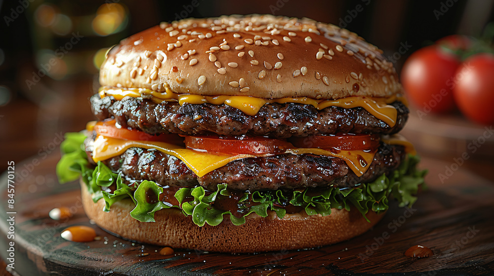 Classic Burger Stack, a perfectly stacked burger with all the layers - bun, lettuce, tomato, cheese, patty and toppings - stacked high Classic Burger Stack, a perfectly stacked burger with all the layers - bun, lettuce, tomato, cheese, patty and toppings - stacked high