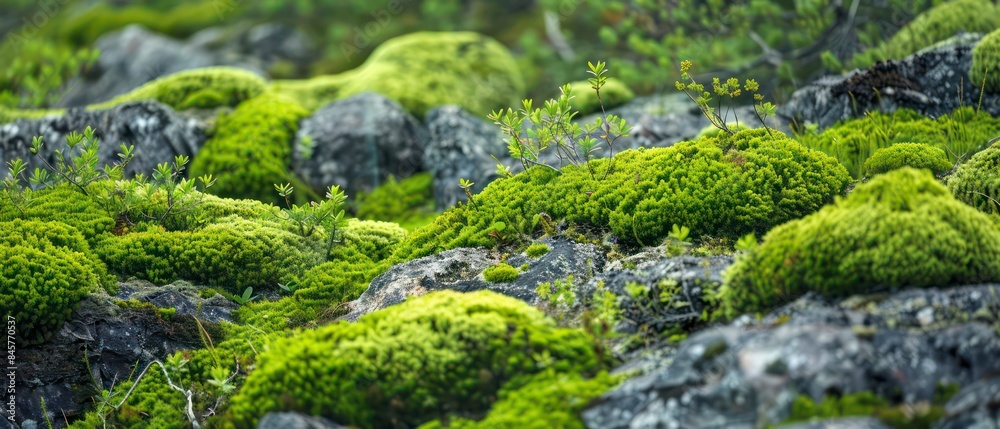 Moss adorns barren bedrock, painting a vibrant green tapestry of life amidst rugged terrain Moss adorns barren bedrock, painting a vibrant green tapestry of life amidst rugged terrain