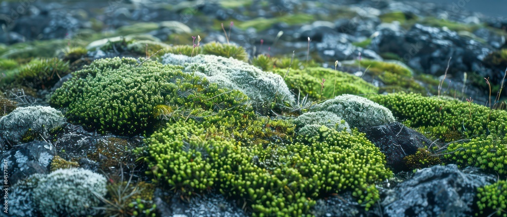 Moss adorns barren bedrock, painting a vibrant green tapestry of life amidst rugged terrain Moss adorns barren bedrock, painting a vibrant green tapestry of life amidst rugged terrain