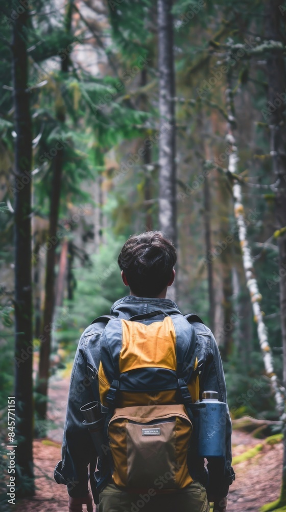 Man walking down a path in the woods, hiking Man walking down a path in the woods, hiking