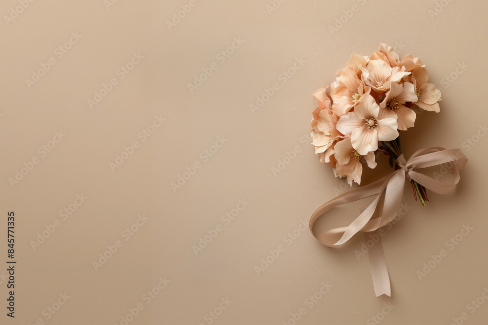 A bouquet of artificial flowers with a silk ribbon in beige color lying on a beige background, empty space for text and design, mockup photo A bouquet of artificial flowers with a silk ribbon in beige color lying on a beige background, empty space for text and design, mockup photo