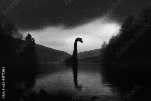 Loch Ness, Scotland, UK, illustration based on an Iconic 'Nessie' photo that emerged 1933, sparking Loch Ness Monster legend photo