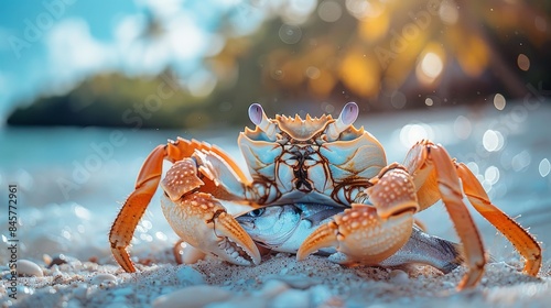 On the beach, a crab skillfully captures a fish, a compelling display of nature's prey-predator interaction.