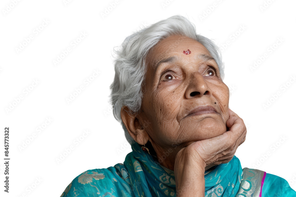 Elderly Indian woman looking up, thinking, and feeling hopeful with an idea. Elderly Indian woman looking up, thinking, and feeling hopeful with an idea.