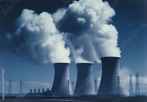 Smoke billows from the chimneys of power plants, showing environmental pollution in the air