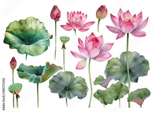 3d set of white and pink lotus flowers, stems and leaves for advertising and invitations vector illustration