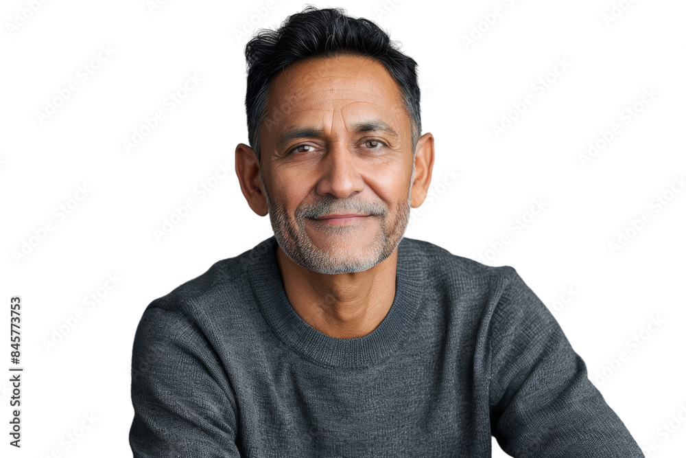Obraz premium Smiling mid-age Indian man using a laptop.