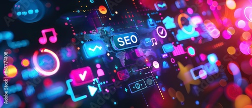 seo modern web interface, vibrant icons float over analytics graphs, symbolizing a strategic approach to digital marketing