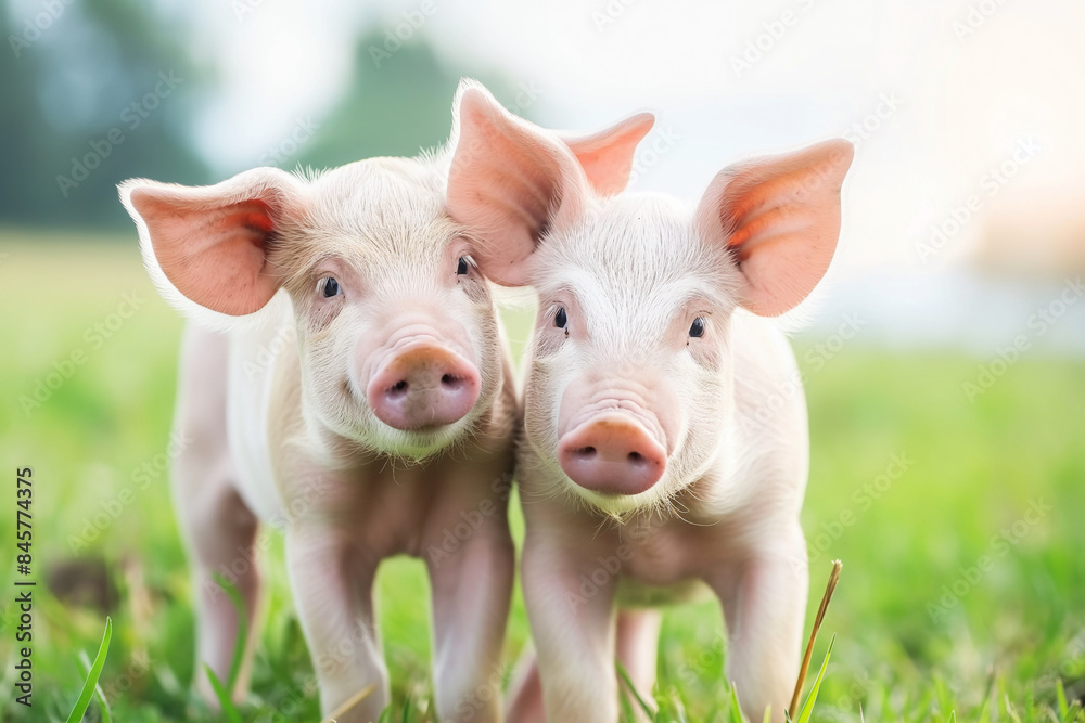 Close-up photo of cute piglets outside in a field, focusing on their expressive eyes and soft pink skin. The background is blurred to highlight the adorable young pigs. Close-up photo of cute piglets outside in a field, focusing on their expressive eyes and soft pink skin. The background is blurred to highlight the adorable young pigs.