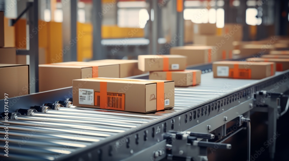 Many packages are transported on a conveyor belt for delivery Many packages are transported on a conveyor belt for delivery