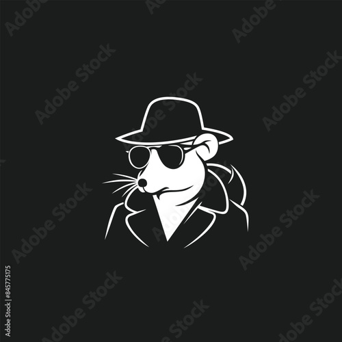 Black and white illustration of a rat detective wearing a hat and sunglasses