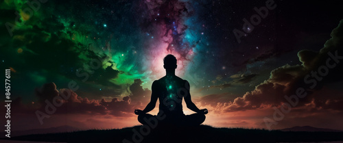 Silhouette human lotus position, meditation space galaxy cloud nebula, cosmos background wallpaper