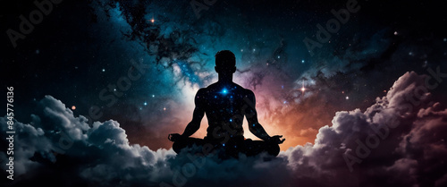 Silhouette human lotus position, meditation space galaxy cloud nebula, cosmos background wallpaper