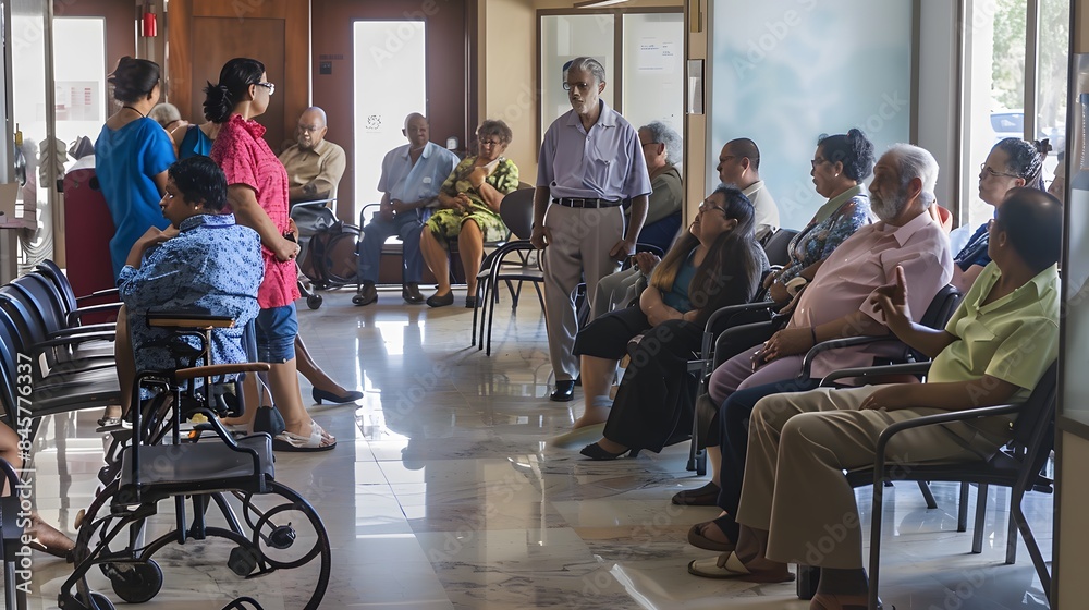People of various ages in a busy, well-lit hospital waiting room, engaging in different activities People of various ages in a busy, well-lit hospital waiting room, engaging in different activities