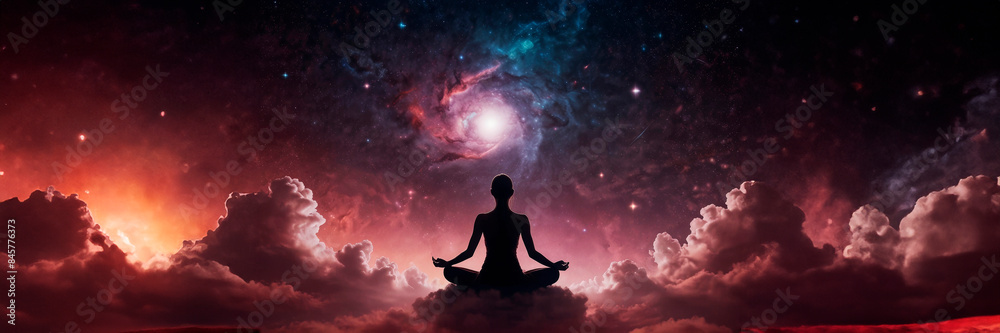 Silhouette human lotus position, meditation space galaxy cloud nebula, cosmos background wallpaper Silhouette human lotus position, meditation space galaxy cloud nebula, cosmos background wallpaper