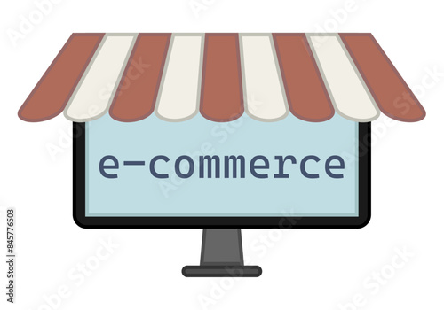 Pantalla de ordenador con toldo de tienda representando comercio electrónico