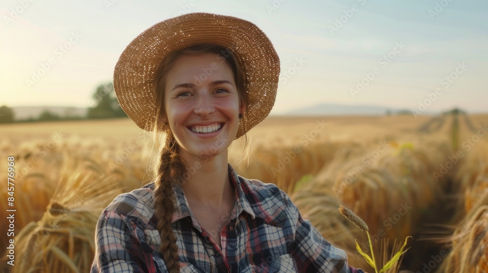Obraz premium Portrait of a happy farmer female in his field, agricultural worker on the background