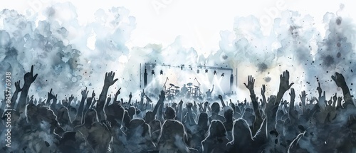 stadium rock music concert outside with fans standing looking at the stage whit hands up, hand drawn watercolor, white background