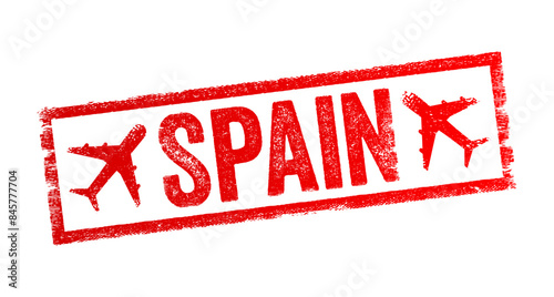 Spain - is a country located in Southwestern Europe, with parts of its territory in the Atlantic Ocean, the Mediterranean Sea and Africa, text emblem stamp with airplane