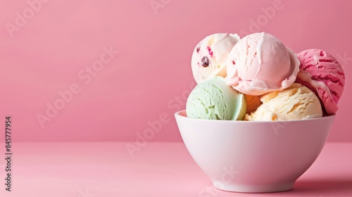 A white bowl filled with colorful ice cream scoops of different flavors against a pink background