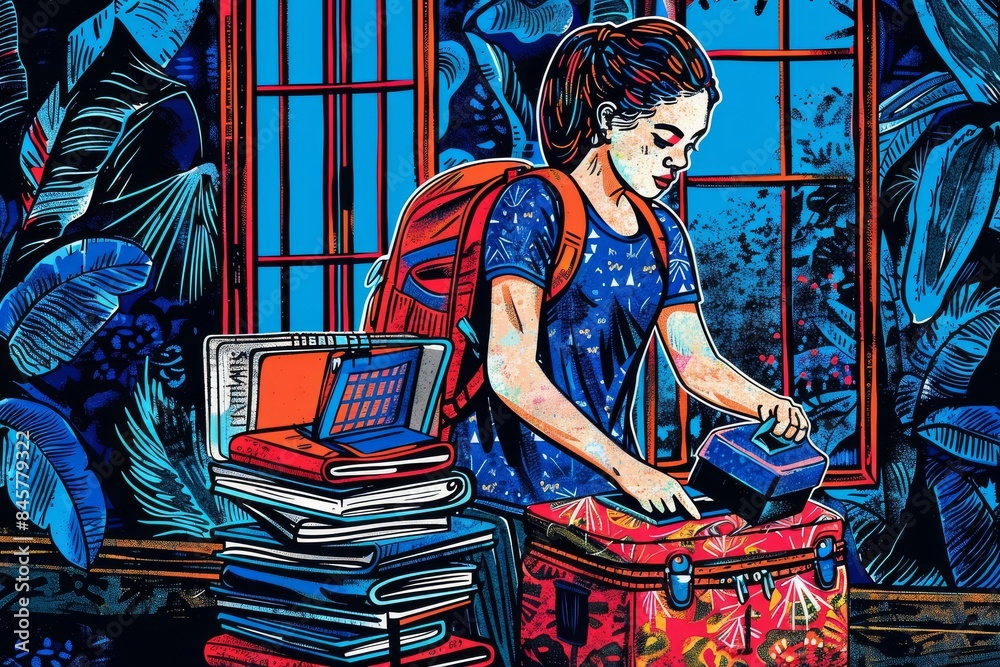 An illustration of a young woman packing her backpack with books and ...