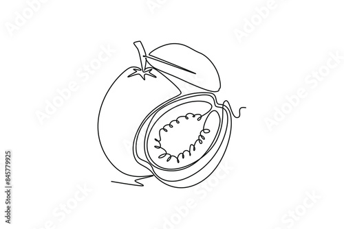 Single continuous line drawing whole and half sliced healthy organic java guava for orchard logo identity. Fresh fruit concept for garden icon. Dynamic one line draw graphic design vector illustration