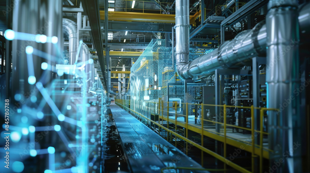 Digital interface overlay on a futuristic industrial facility Digital interface overlay on a futuristic industrial facility
