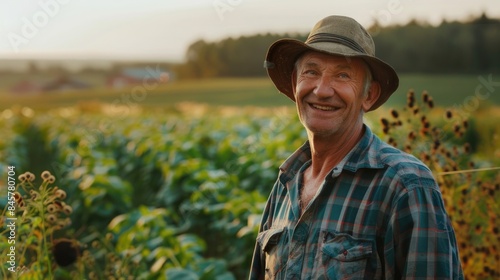 Portrait of a happy farmer male in his field, agricultural worker on the background