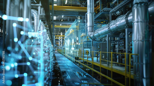 Digital interface overlay on a futuristic industrial facility