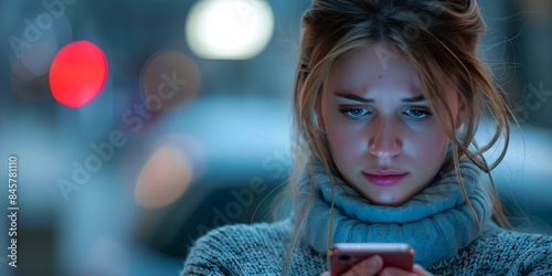 Woman with Anxiety Habitually Scrolling Phone for Stressful Social Media Updates. Concept Anxiety, Social Media, Phone Addiction, Stress Management, Mental Health photo