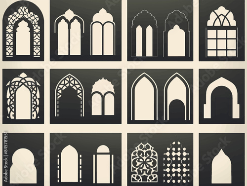 Set of pattern islamic ornamental window or door. Arabic traditional architecture. Template for design illustration shape silhouette