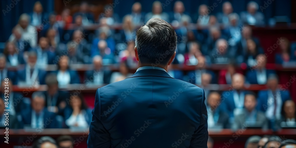 US delegate delivers keynote address at global economic forum. Concept US Politics, Economic Forum, Global Issues, Keynote Address, International Relations