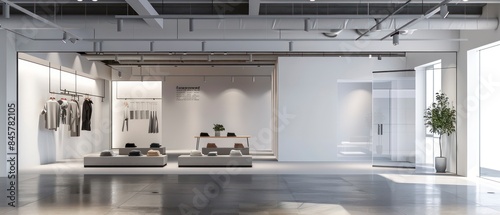 big poster commands attention within the white interior of the clothing shop, accentuating its sophisticated and stylish atmosphere