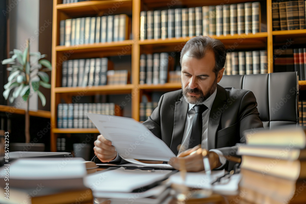 A male lawyer in suit reads legal documents in law office A male lawyer in suit reads legal documents in law office